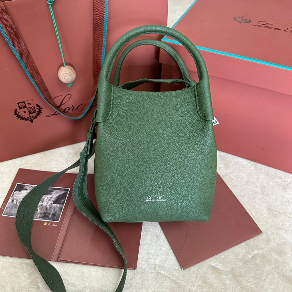LORO PIANA SMALL 21 BALE BAG IN BASIL GREEN GRAINED CALFSKIN WITH SILVER HARDWARE