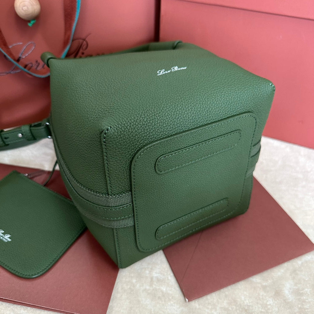 LORO PIANA SMALL 21 BALE BAG IN BASIL GREEN GRAINED CALFSKIN WITH SILVER HARDWARE