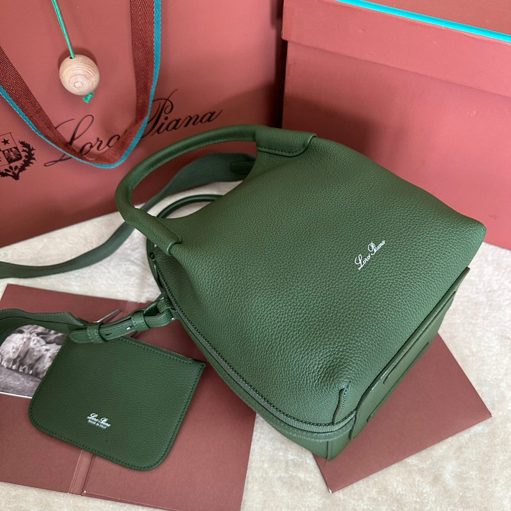 LORO PIANA SMALL 21 BALE BAG IN BASIL GREEN GRAINED CALFSKIN WITH SILVER HARDWARE