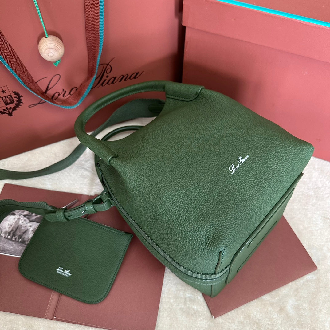 LORO PIANA SMALL 21 BALE BAG IN BASIL GREEN GRAINED CALFSKIN WITH SILVER HARDWARE