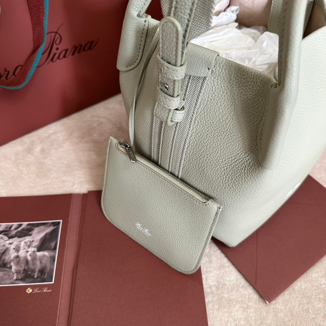 LORO PIANA SMALL 21 BALE BAG IN PEARL GRAY GRAINED CALFSKIN WITH SILVER HARDWARE