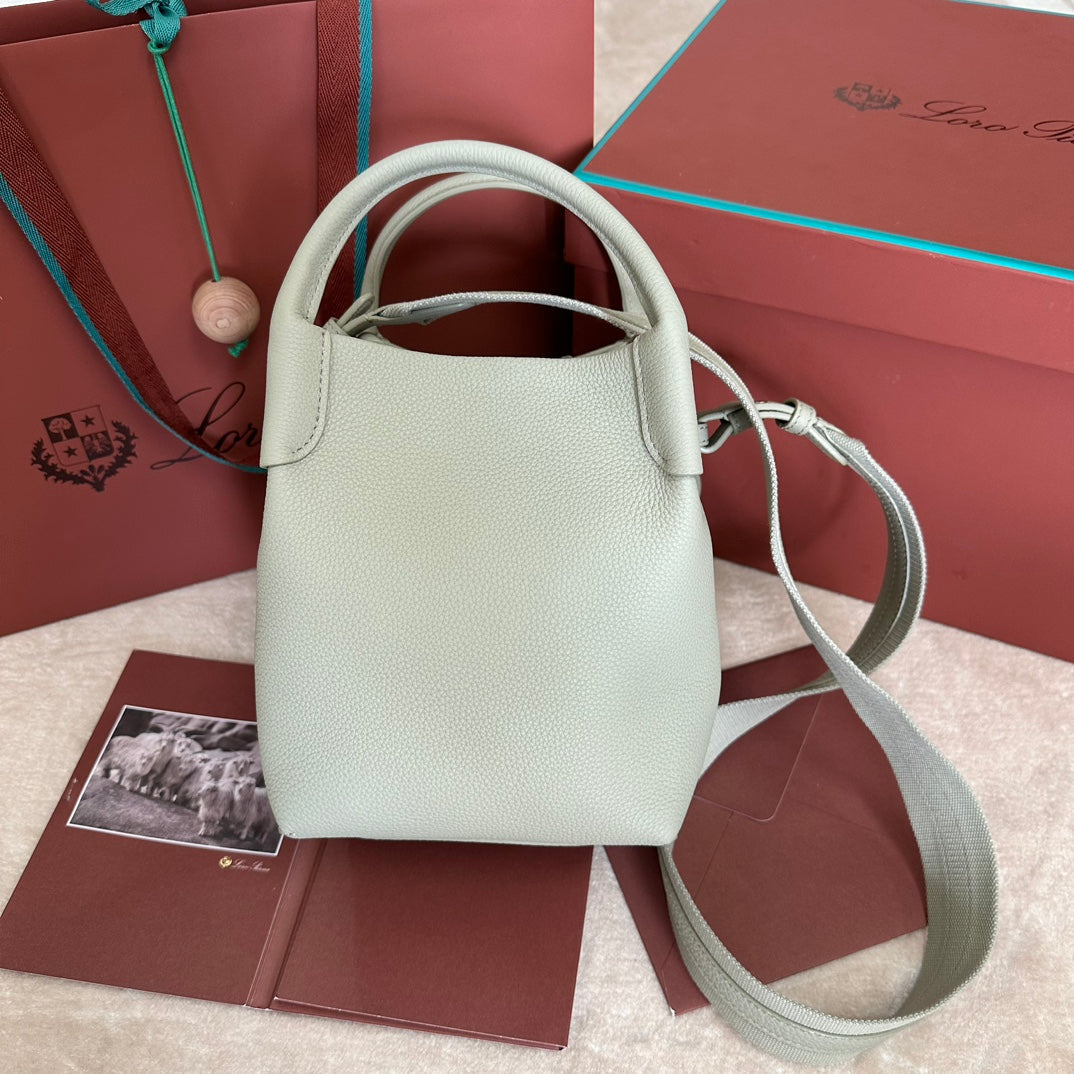LORO PIANA SMALL 21 BALE BAG IN PEARL GRAY GRAINED CALFSKIN WITH SILVER HARDWARE