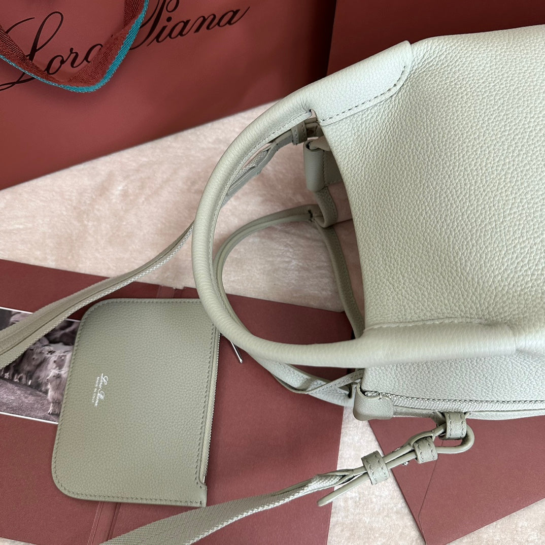 LORO PIANA SMALL 21 BALE BAG IN PEARL GRAY GRAINED CALFSKIN WITH SILVER HARDWARE