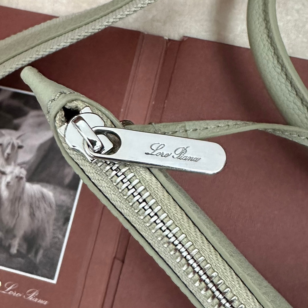 LORO PIANA SMALL 21 BALE BAG IN PEARL GRAY GRAINED CALFSKIN WITH SILVER HARDWARE