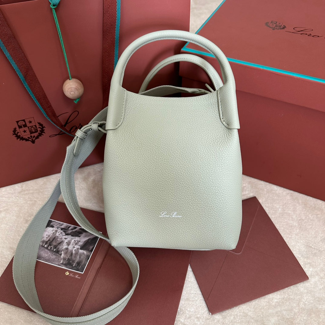 LORO PIANA SMALL 21 BALE BAG IN PEARL GRAY GRAINED CALFSKIN WITH SILVER HARDWARE