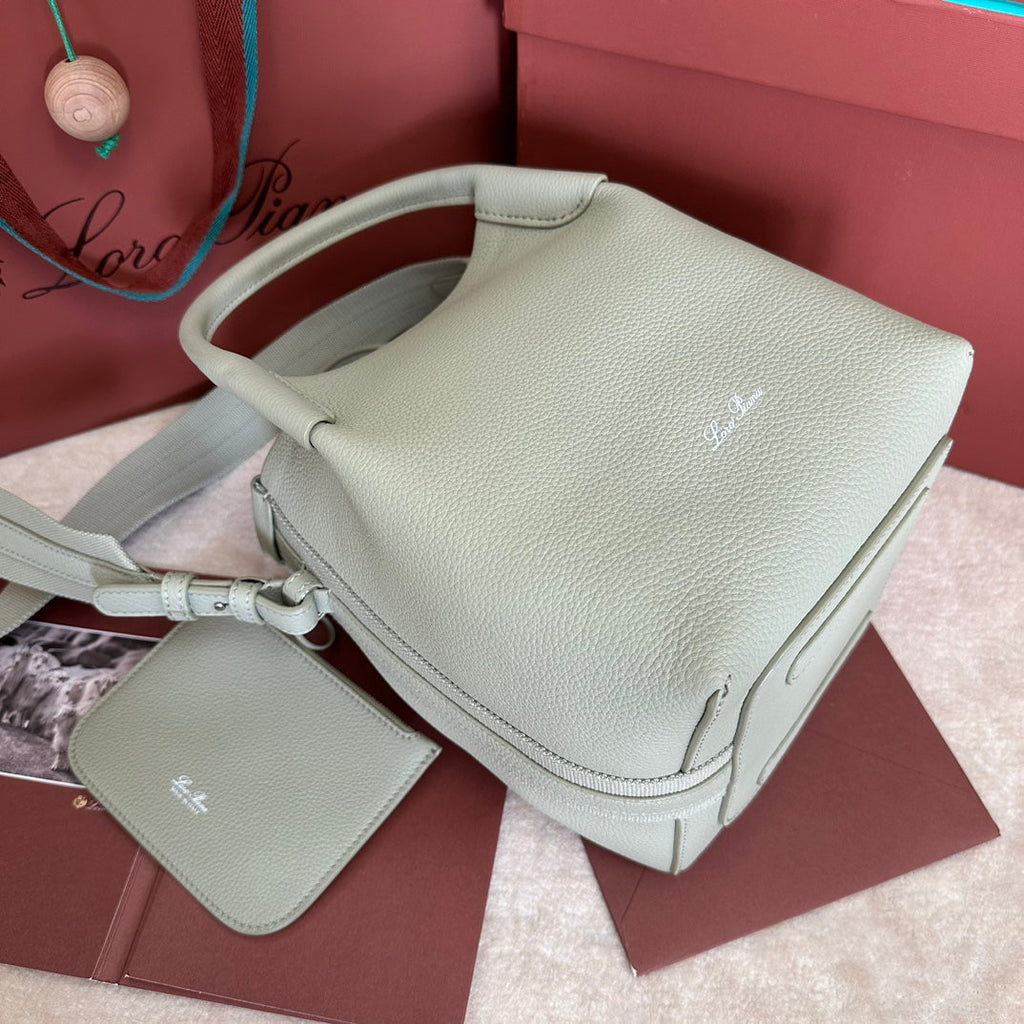 LORO PIANA SMALL 21 BALE BAG IN PEARL GRAY GRAINED CALFSKIN WITH SILVER HARDWARE