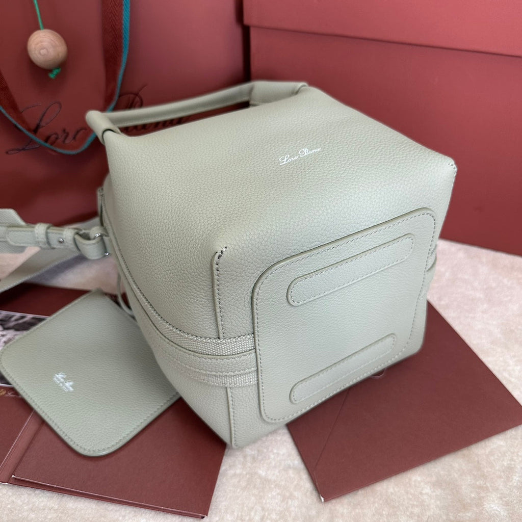 LORO PIANA SMALL 21 BALE BAG IN PEARL GRAY GRAINED CALFSKIN WITH SILVER HARDWARE