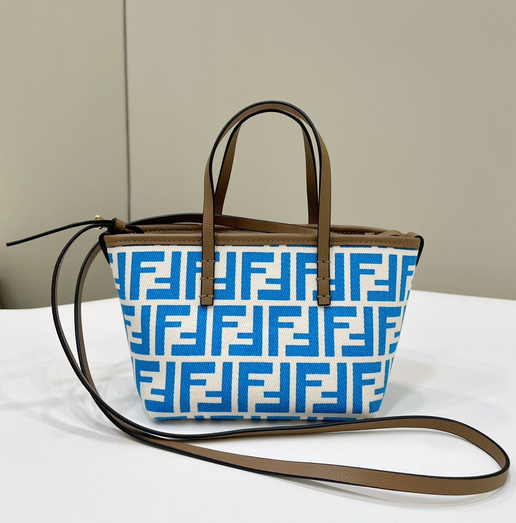FENDI MINI ROLL BAG 15 OCEAN BLUE MIX WHITE FF JACQUARD FABRIC