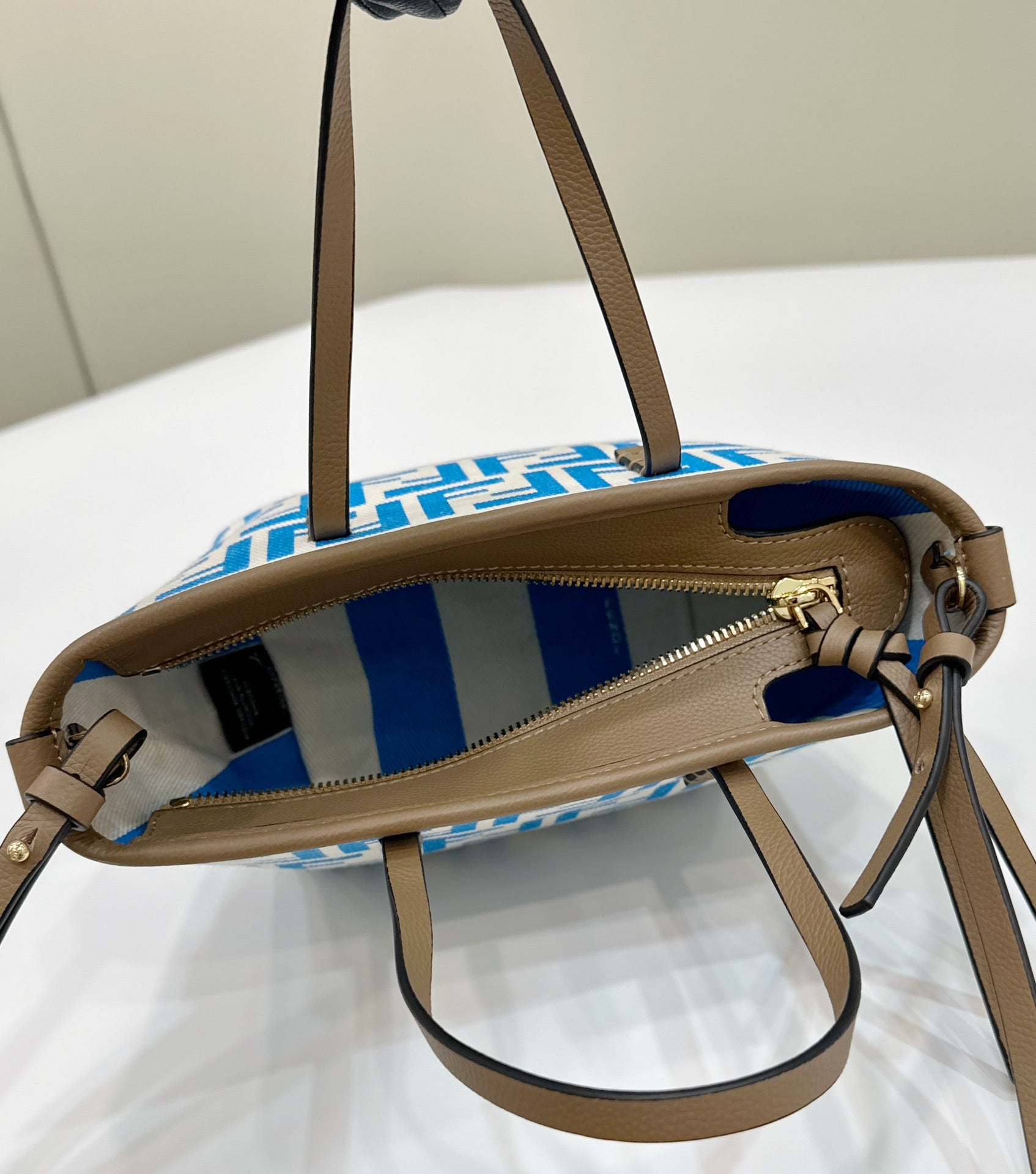 FENDI MINI ROLL BAG 15 OCEAN BLUE MIX WHITE FF JACQUARD FABRIC