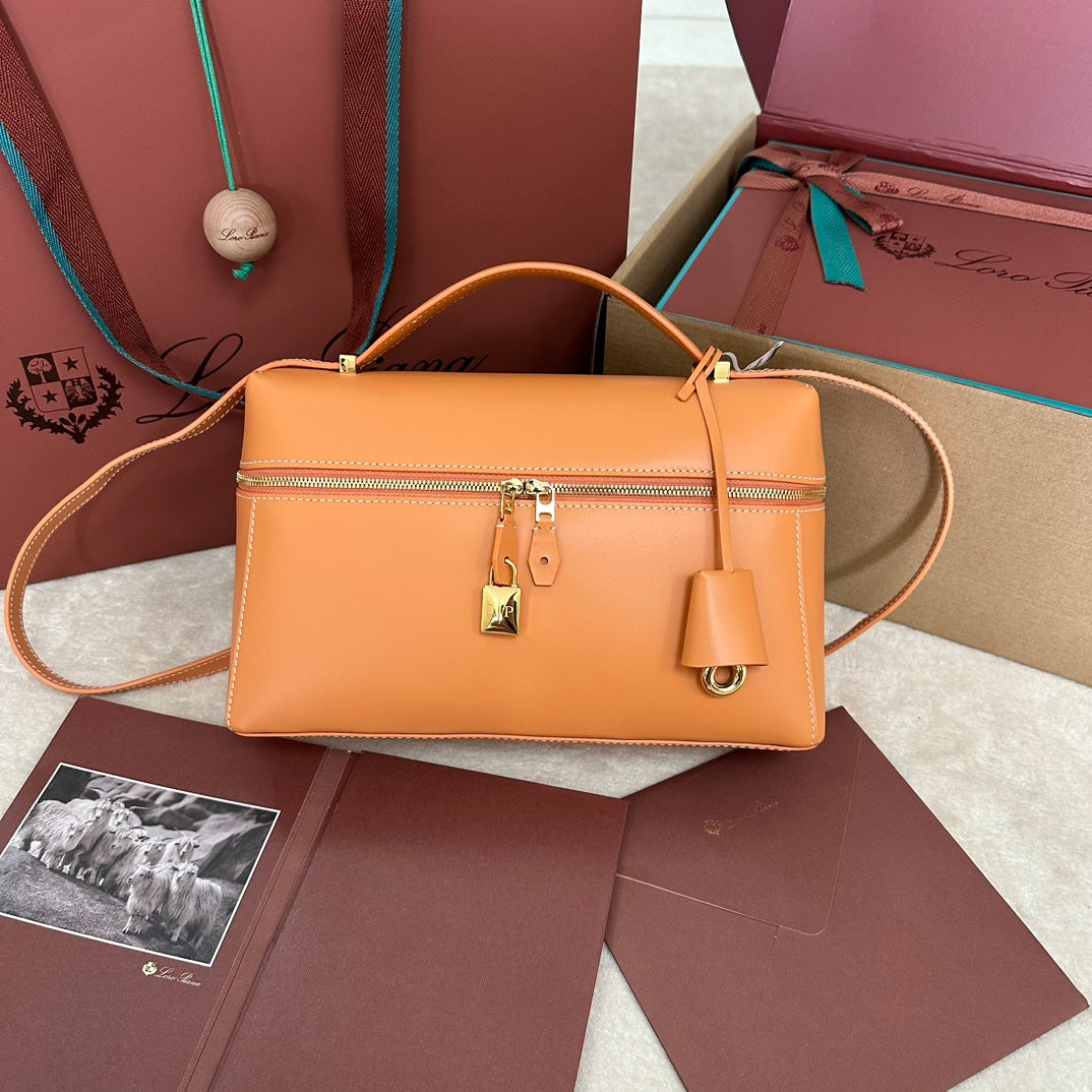 LORO PIANA EXTRA BAG L27 IN NEON ORANGE SMOOTH CALFSKIN WITH GOLD HARDWARE