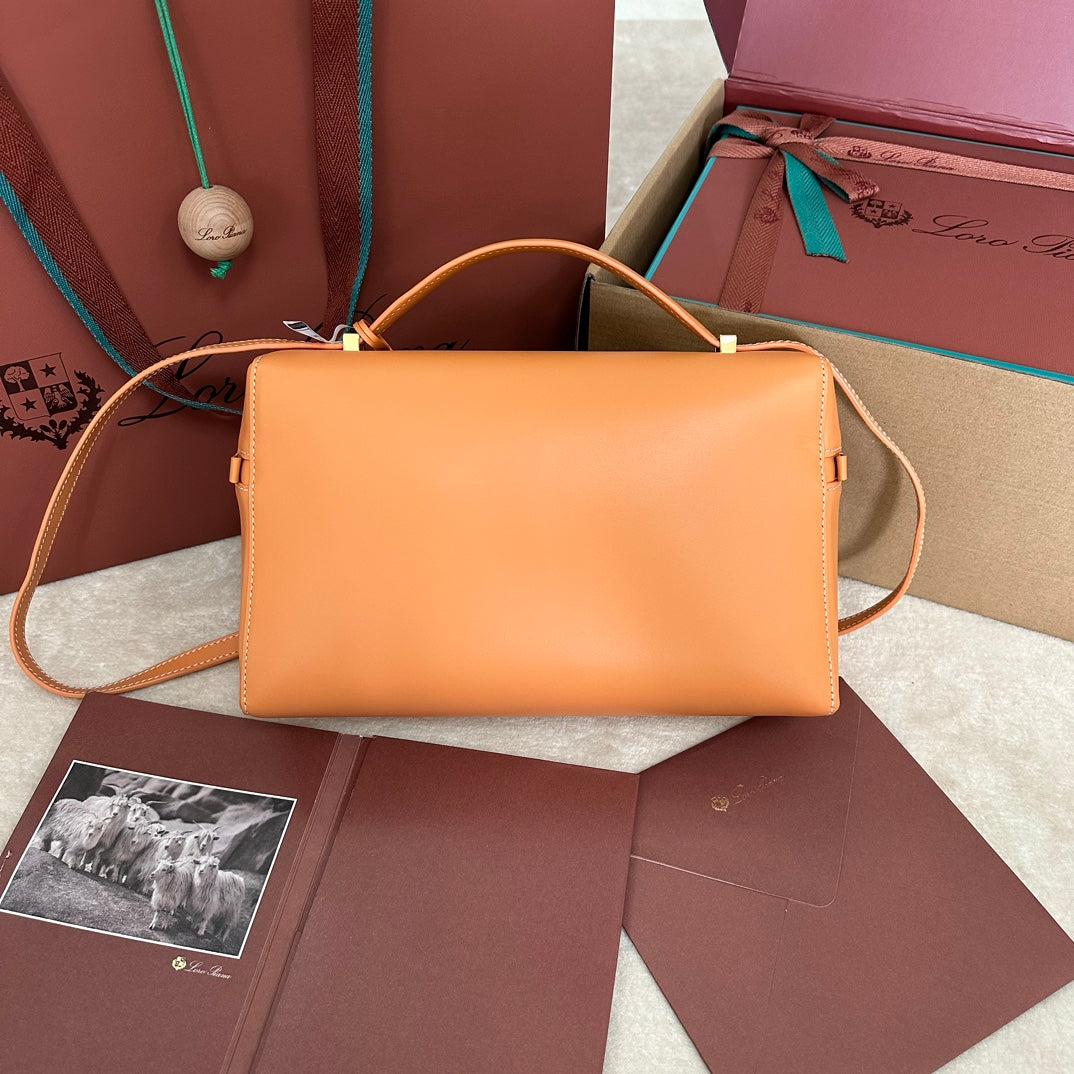 LORO PIANA EXTRA BAG L27 IN NEON ORANGE SMOOTH CALFSKIN WITH GOLD HARDWARE