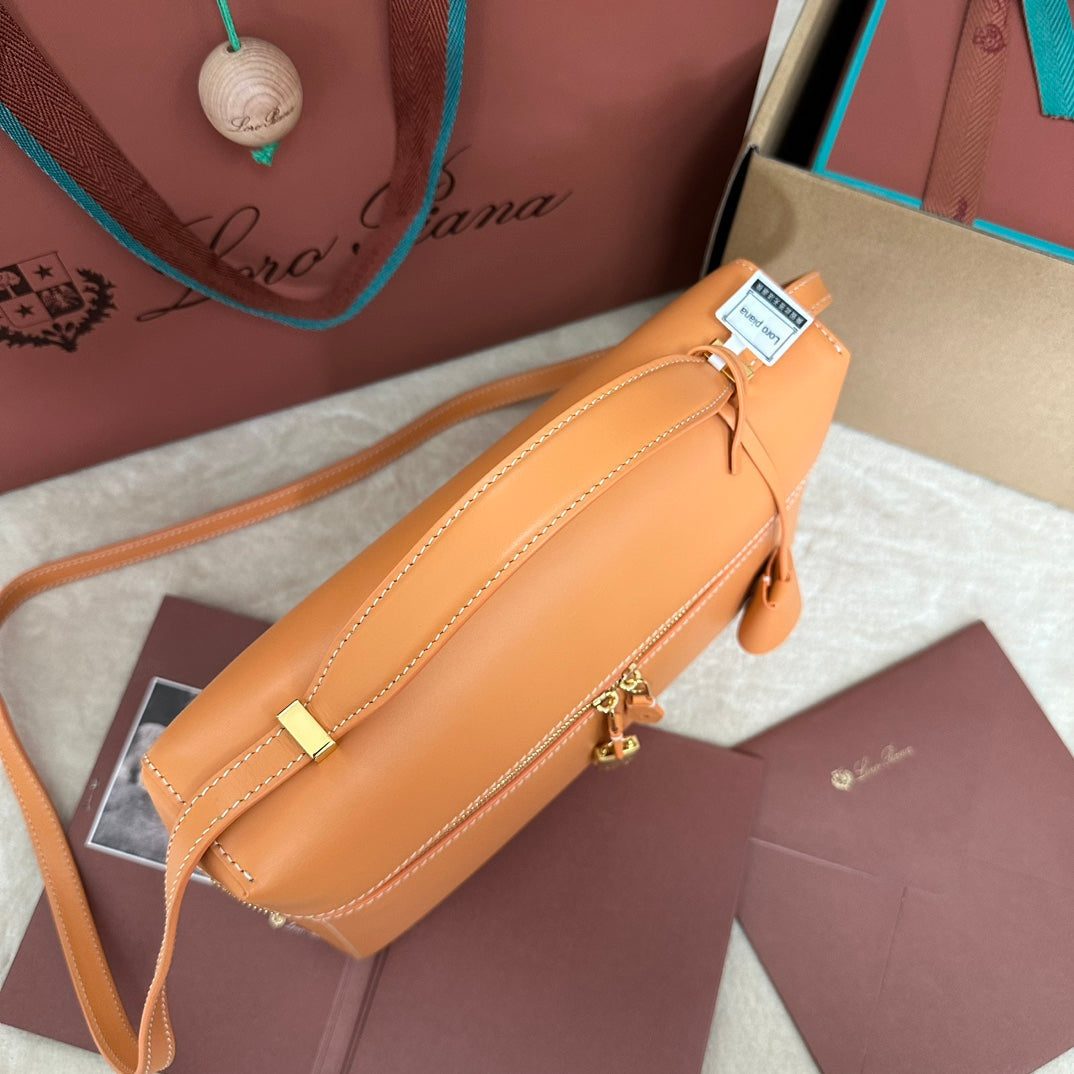 LORO PIANA EXTRA BAG L27 IN NEON ORANGE SMOOTH CALFSKIN WITH GOLD HARDWARE