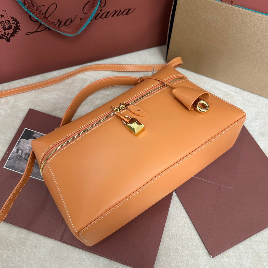 LORO PIANA EXTRA BAG L27 IN NEON ORANGE SMOOTH CALFSKIN WITH GOLD HARDWARE