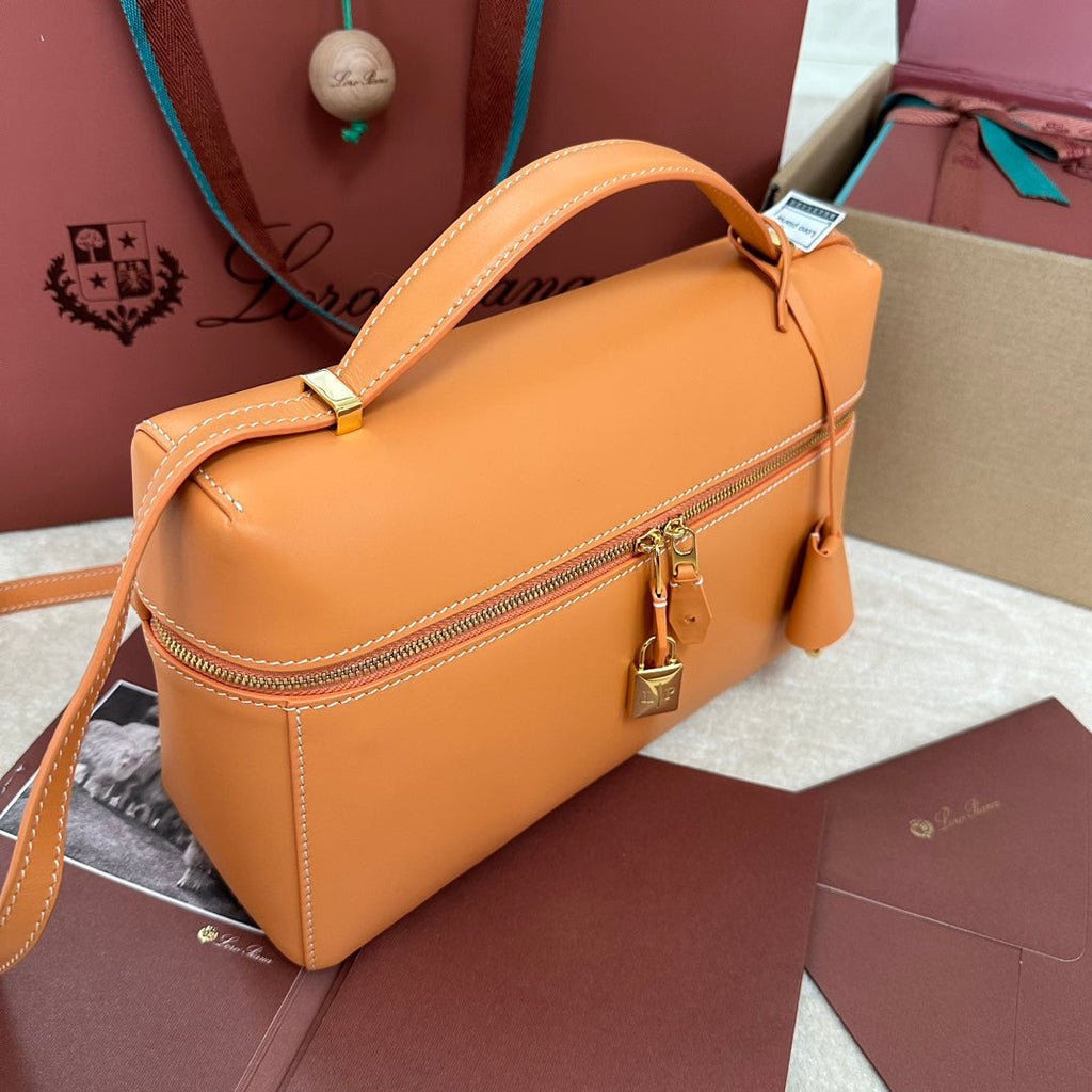 LORO PIANA EXTRA BAG L27 IN NEON ORANGE SMOOTH CALFSKIN WITH GOLD HARDWARE