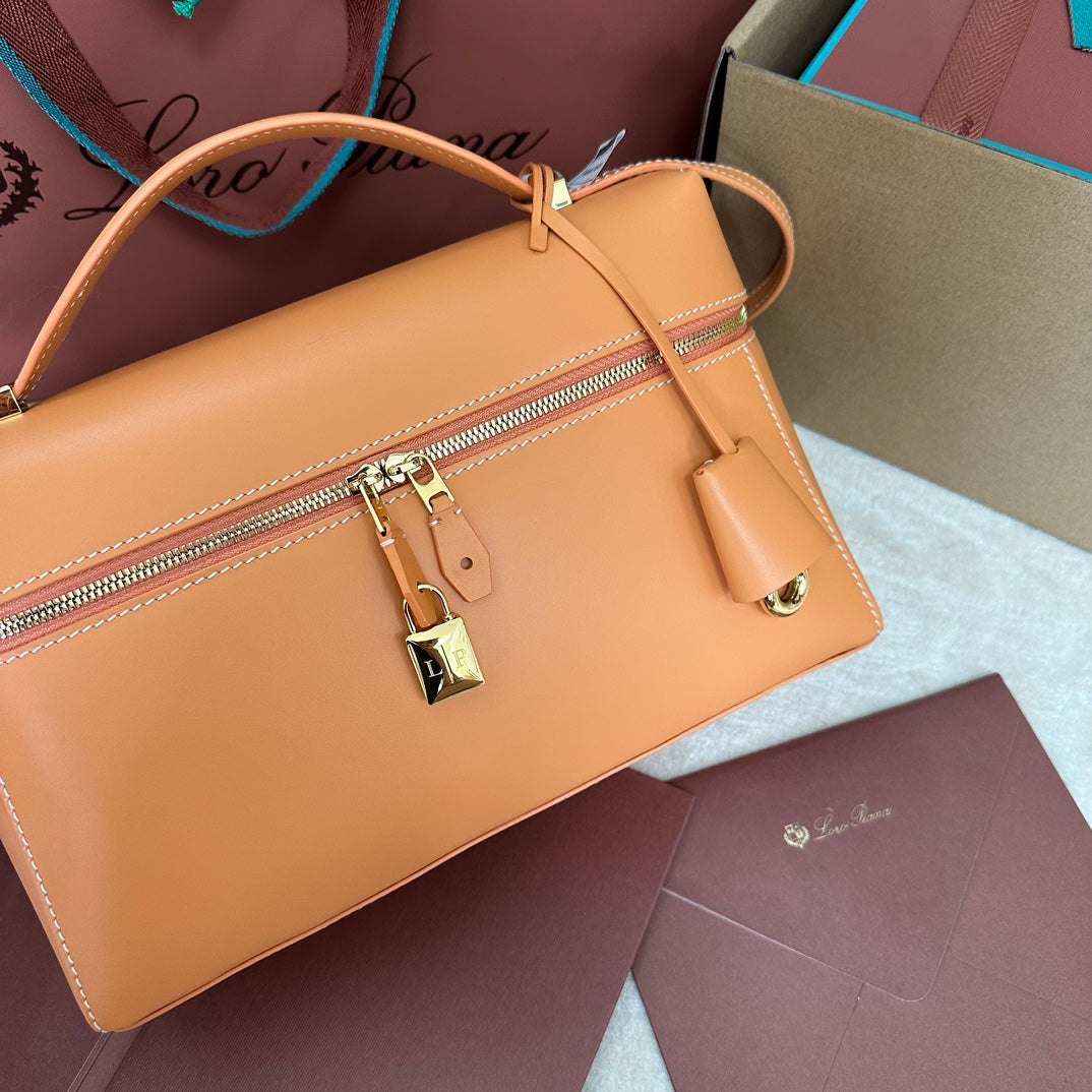 LORO PIANA EXTRA BAG L27 IN NEON ORANGE SMOOTH CALFSKIN WITH GOLD HARDWARE