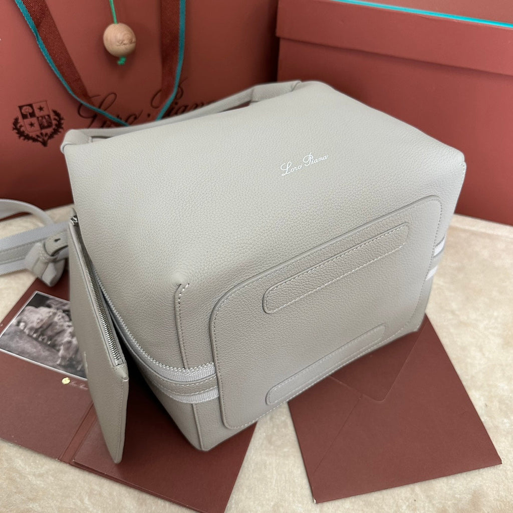 LORO PIANA MEDIUM 36 BAG IN PALE GRAY CALFSKIN WITH SILVER HARDWARE