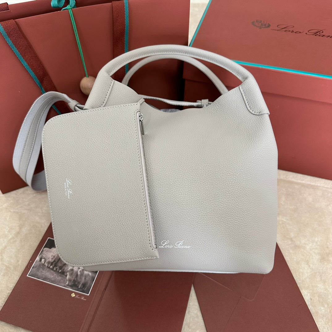 LORO PIANA MEDIUM 36 BAG IN PALE GRAY CALFSKIN WITH SILVER HARDWARE