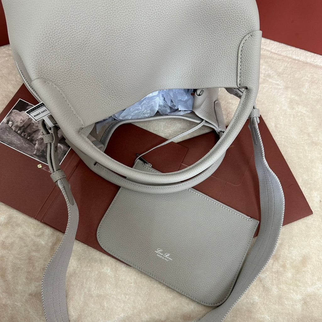 LORO PIANA MEDIUM 36 BAG IN PALE GRAY CALFSKIN WITH SILVER HARDWARE
