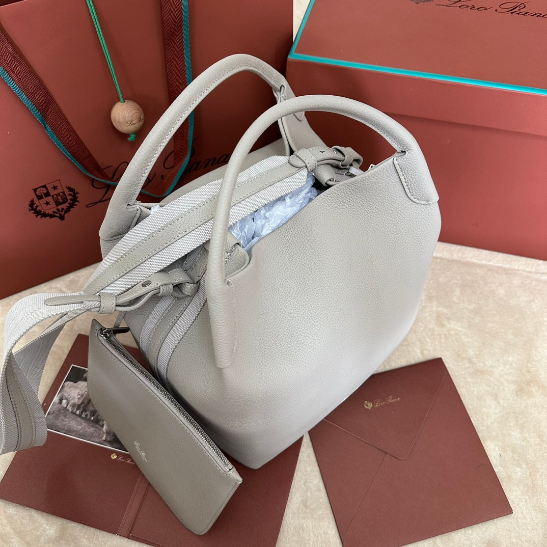 LORO PIANA MEDIUM 36 BAG IN PALE GRAY CALFSKIN WITH SILVER HARDWARE