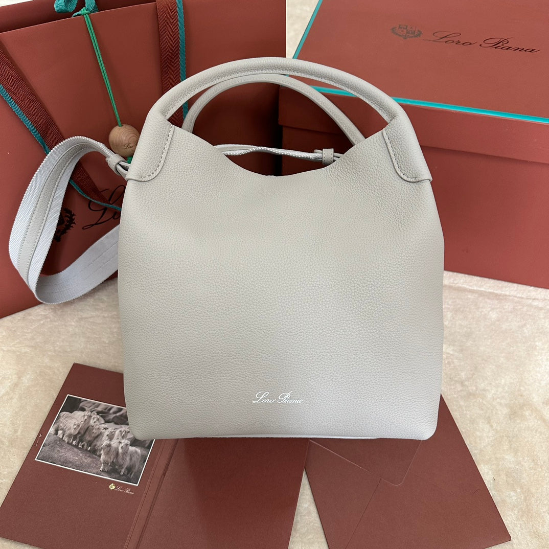 LORO PIANA MEDIUM 36 BAG IN PALE GRAY CALFSKIN WITH SILVER HARDWARE