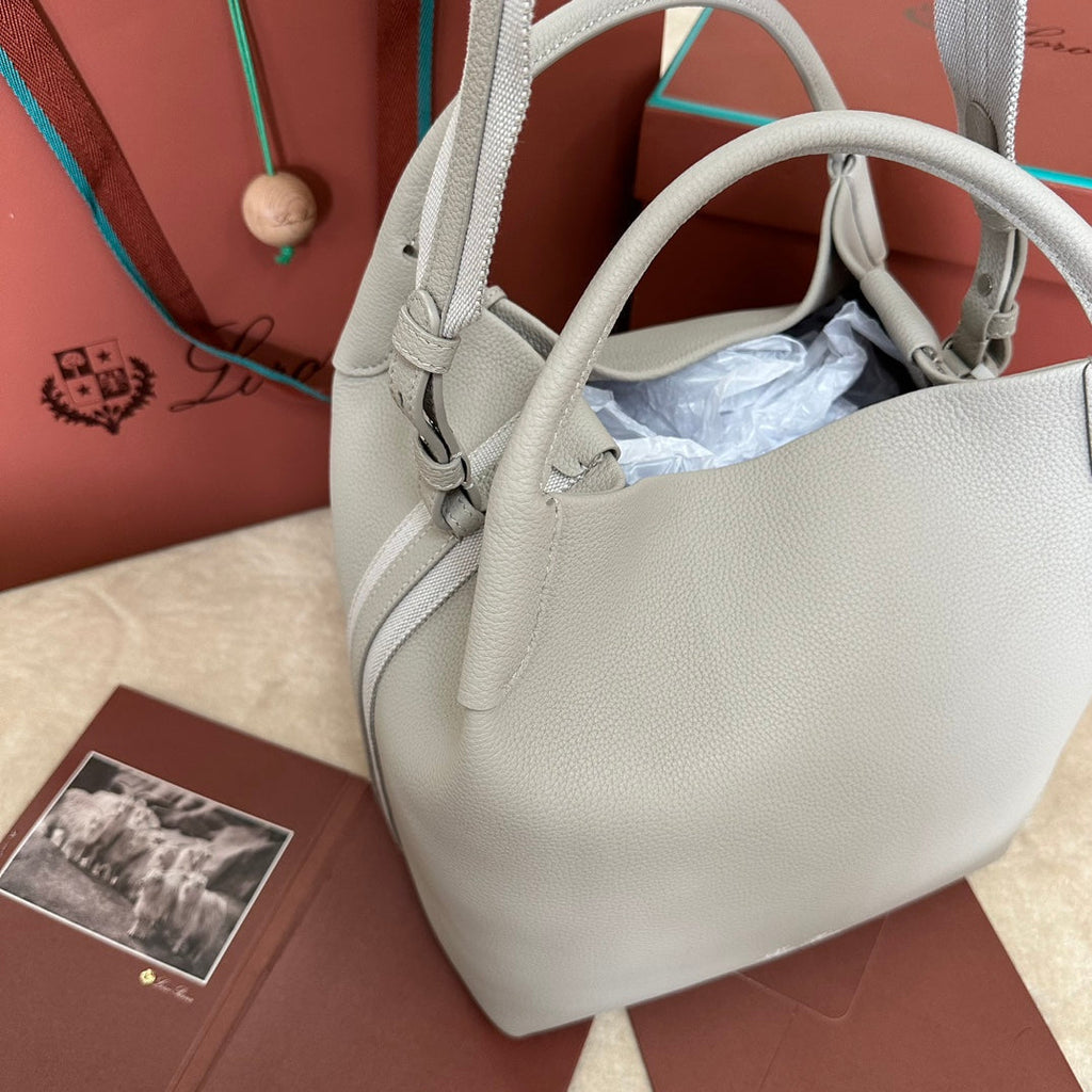 LORO PIANA MEDIUM 36 BAG IN PALE GRAY CALFSKIN WITH SILVER HARDWARE