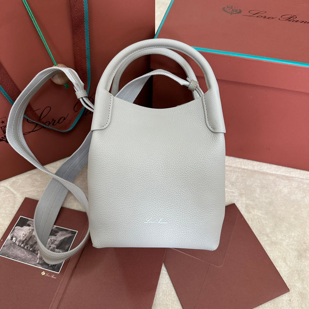 LORO PIANA SMALL 21 BALE BAG IN PALE GRAY GRAINED CALFSKIN