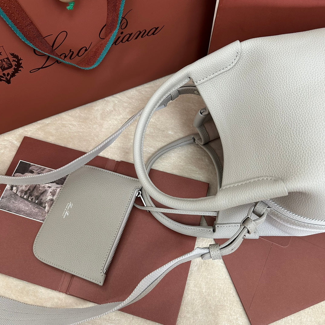 LORO PIANA SMALL 21 BALE BAG IN PALE GRAY GRAINED CALFSKIN