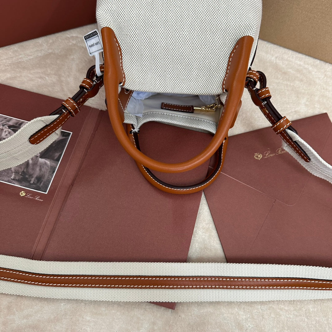 LORO PIANA MICRO BALE BAG IN WHITE CANVAS AND BRONZE BROWN CALFSKIN