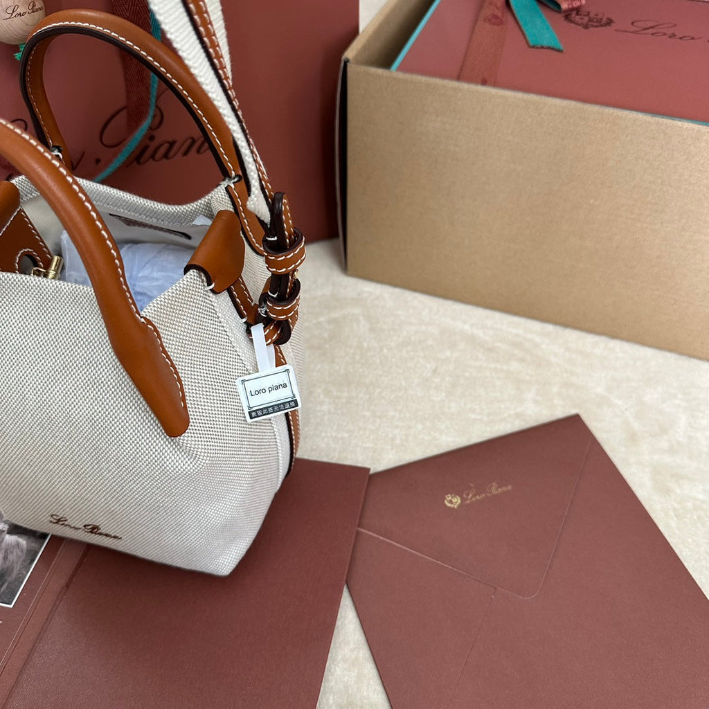 LORO PIANA MICRO BALE BAG IN WHITE CANVAS AND BRONZE BROWN CALFSKIN