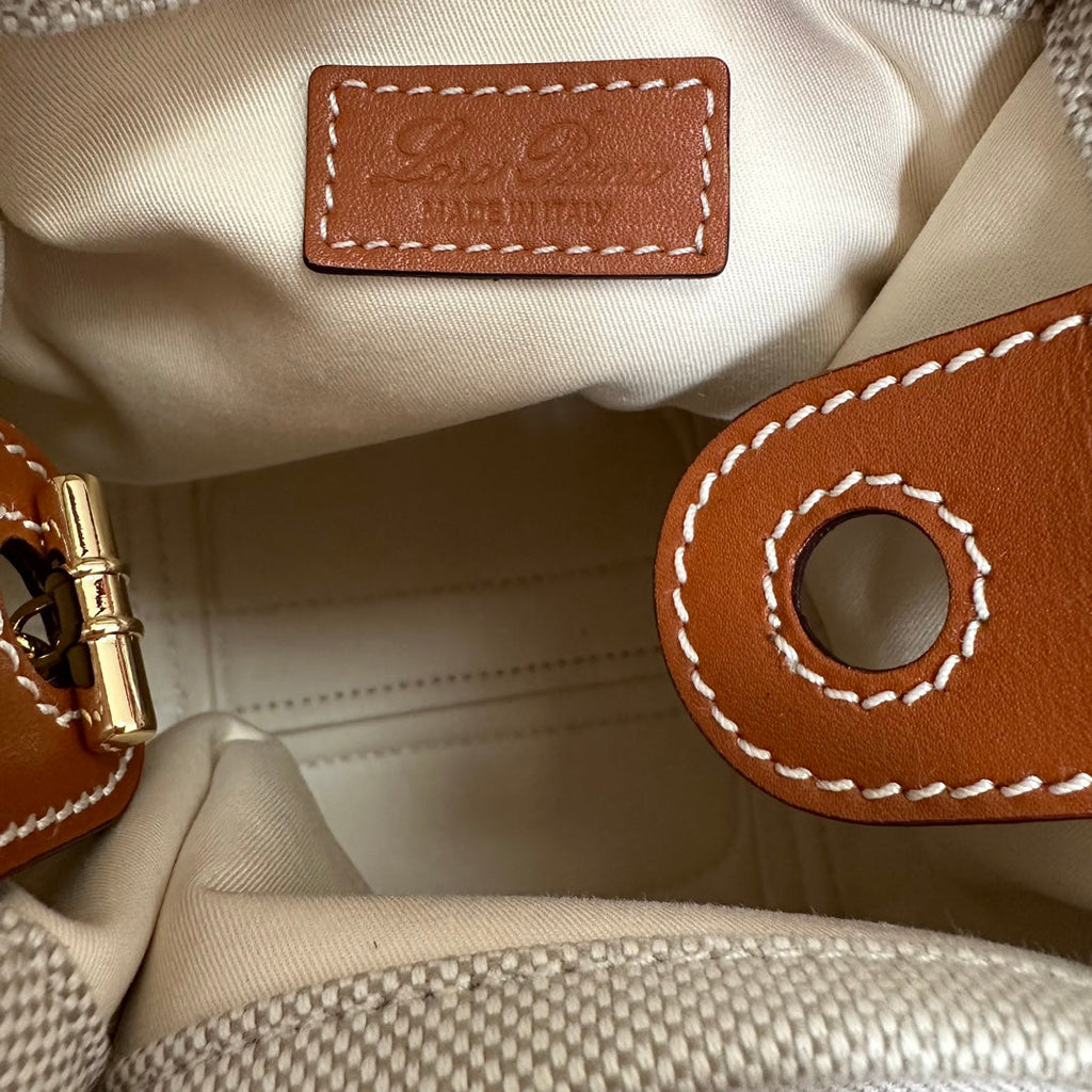 LORO PIANA MICRO BALE BAG IN WHITE CANVAS AND BRONZE BROWN CALFSKIN