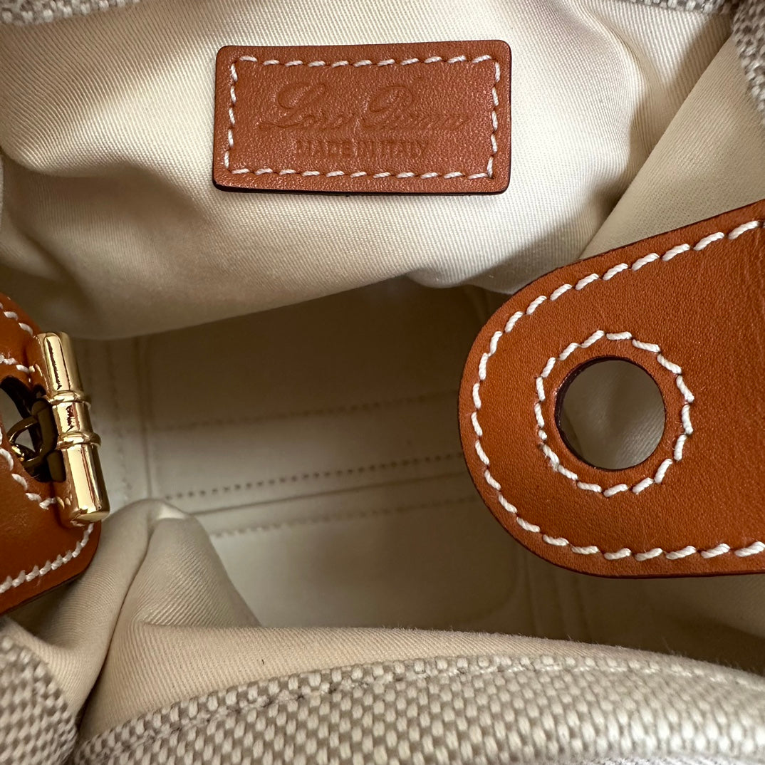 LORO PIANA MICRO BALE BAG IN WHITE CANVAS AND BRONZE BROWN CALFSKIN