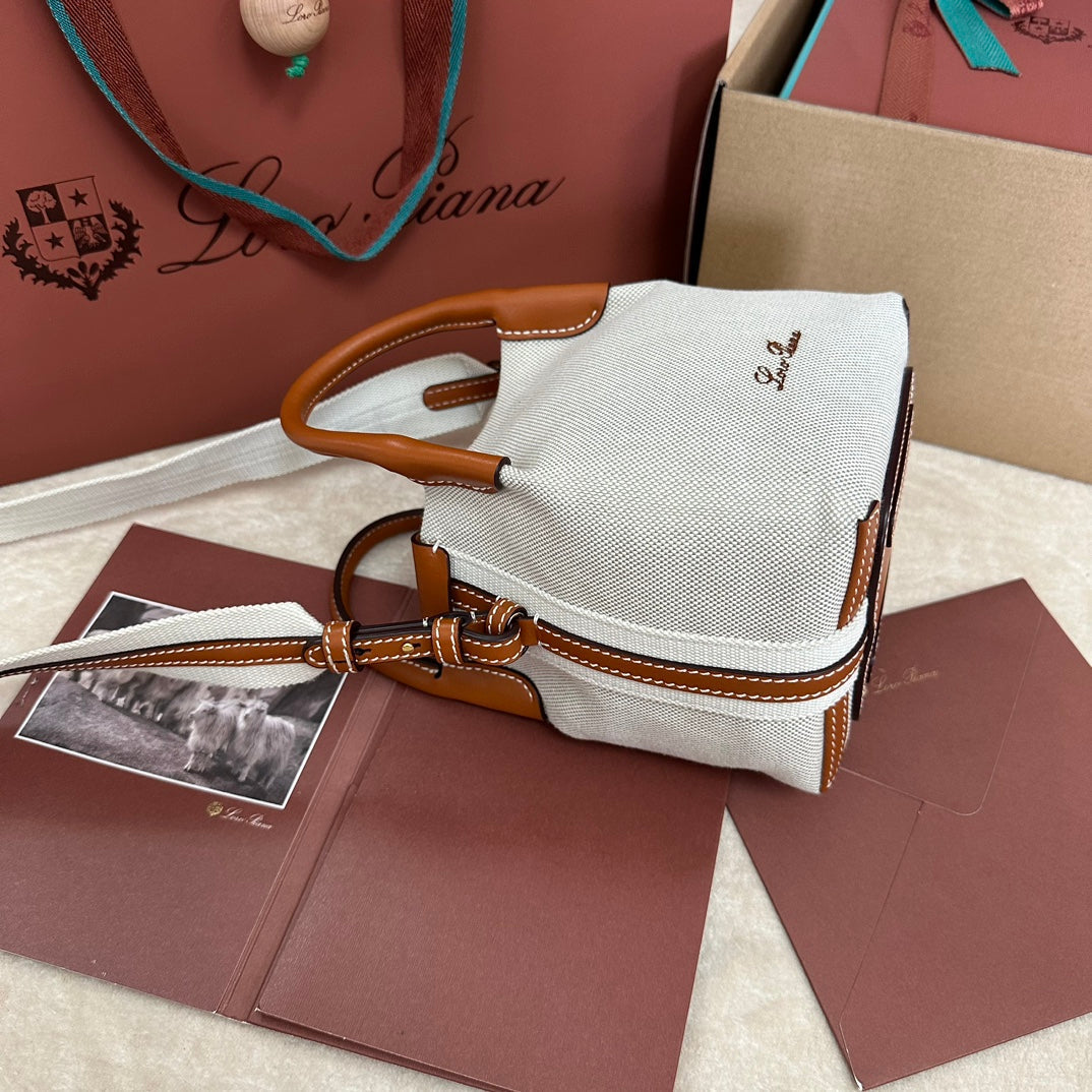 LORO PIANA MICRO BALE BAG IN WHITE CANVAS AND BRONZE BROWN CALFSKIN