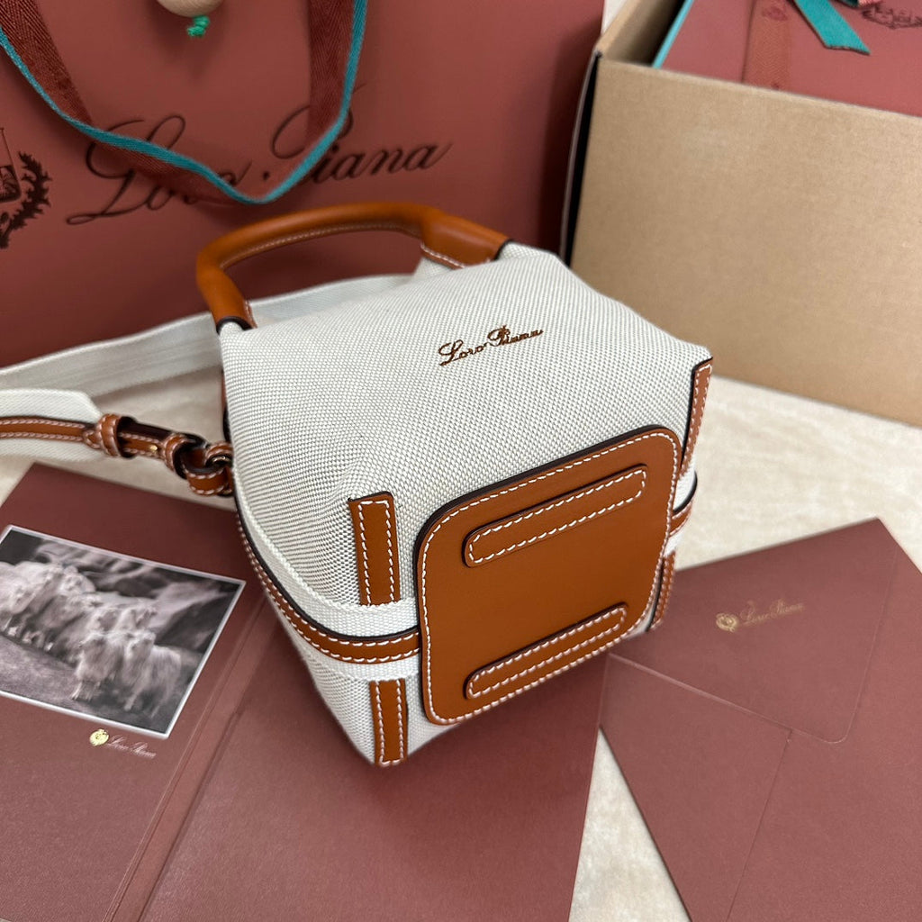 LORO PIANA MICRO BALE BAG IN WHITE CANVAS AND BRONZE BROWN CALFSKIN
