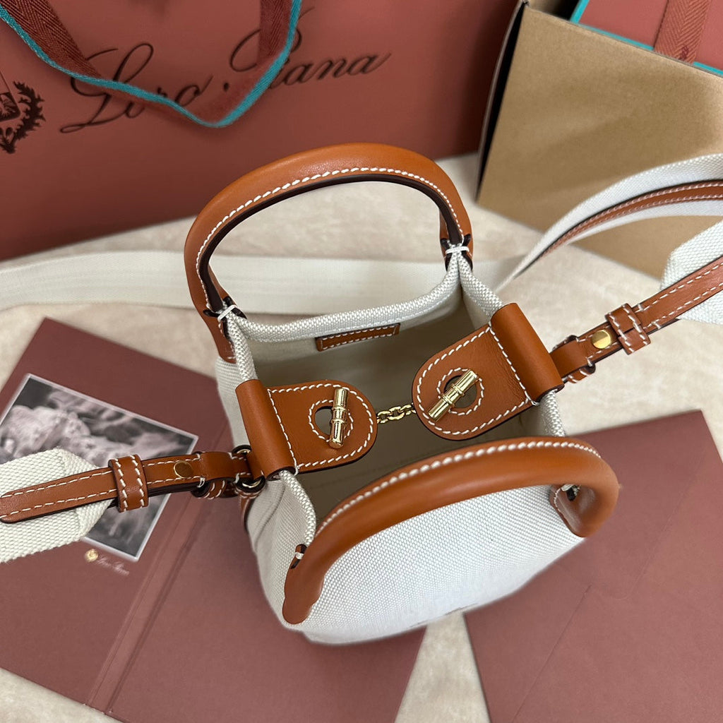 LORO PIANA MICRO BALE BAG IN WHITE CANVAS AND BRONZE BROWN CALFSKIN