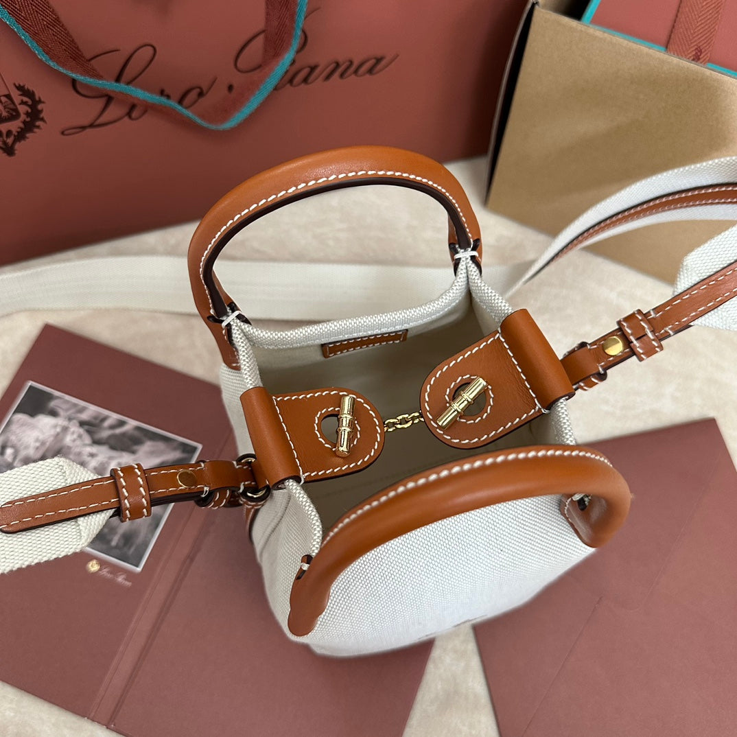 LORO PIANA MICRO BALE BAG IN WHITE CANVAS AND BRONZE BROWN CALFSKIN