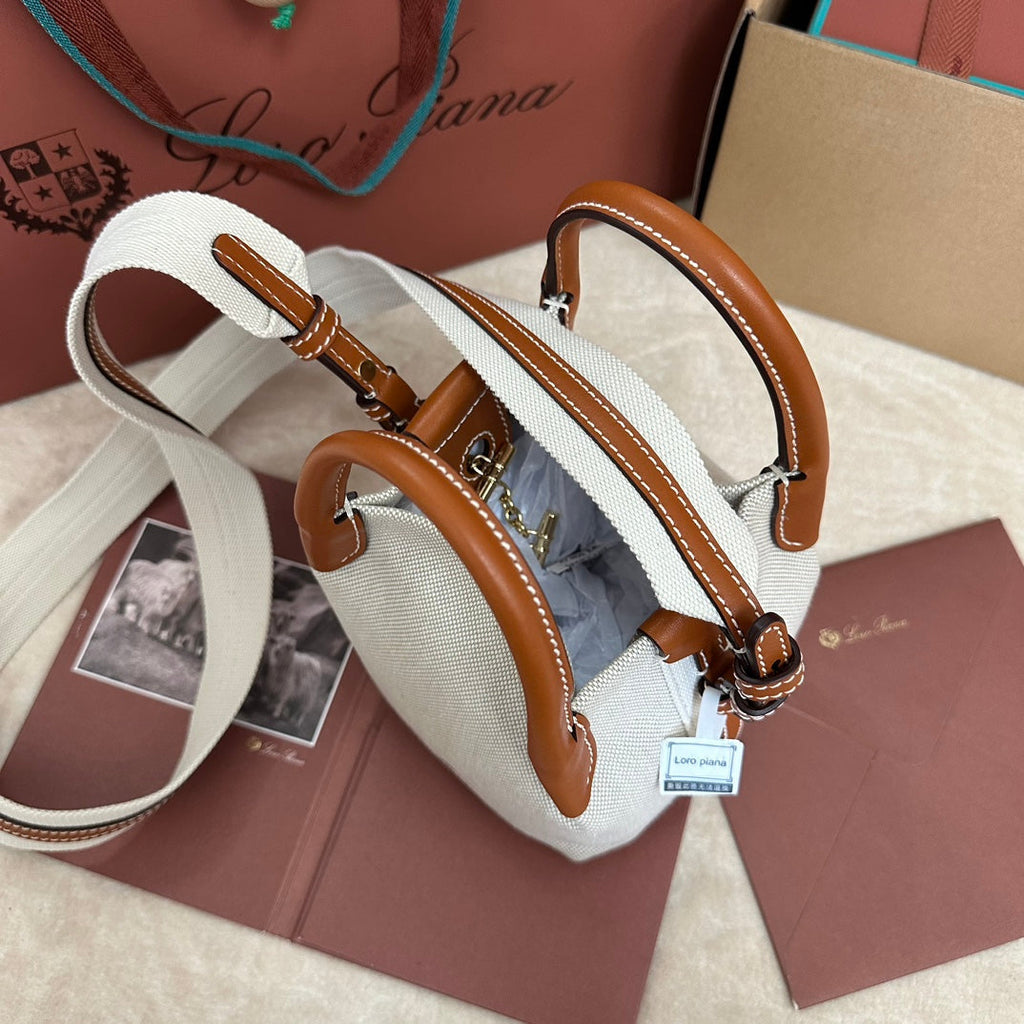 LORO PIANA MICRO BALE BAG IN WHITE CANVAS AND BRONZE BROWN CALFSKIN