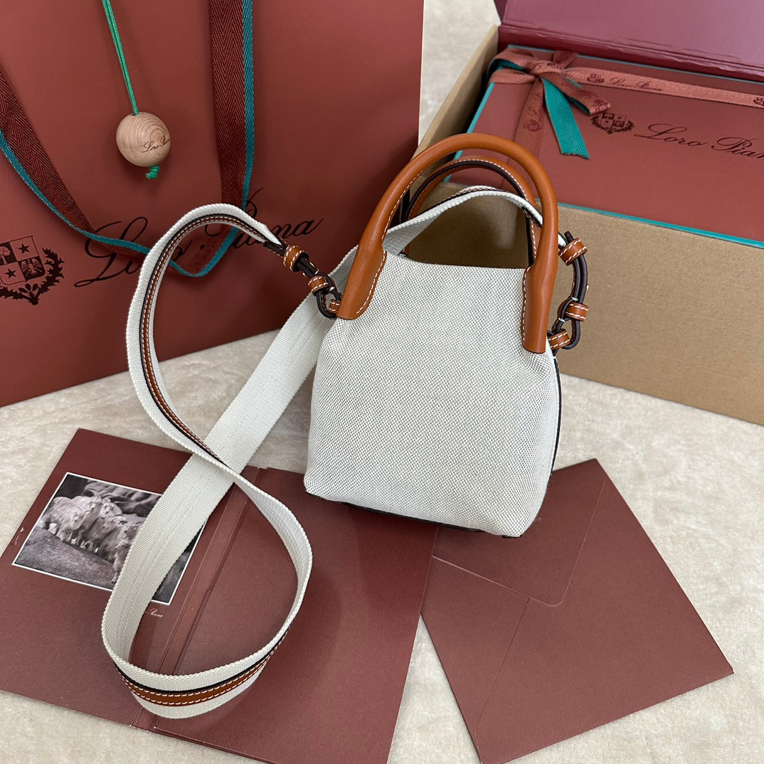 LORO PIANA MICRO BALE BAG IN WHITE CANVAS AND BRONZE BROWN CALFSKIN