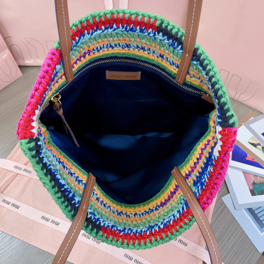 MIU MIU CROCHET TOTE BAG 38 IN MULTICOLORED WOVEN RAFFIA