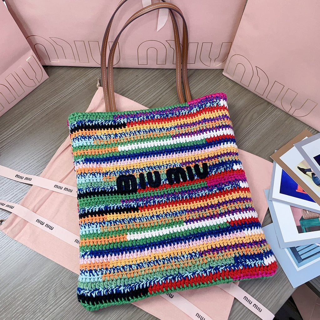 MIU MIU CROCHET TOTE BAG 38 IN MULTICOLORED WOVEN RAFFIA