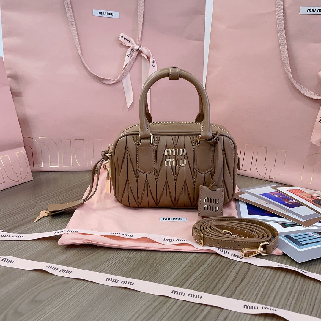 MIU MIU ARCADIE MATELASSÉ NAPPA SMALL BAG 19 IN COFFEE LAMBSKIN GOLD HARDWARE