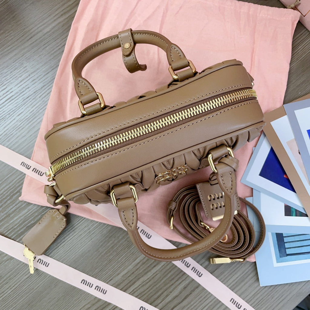 MIU MIU ARCADIE MATELASSÉ NAPPA SMALL BAG 19 IN COFFEE LAMBSKIN GOLD HARDWARE