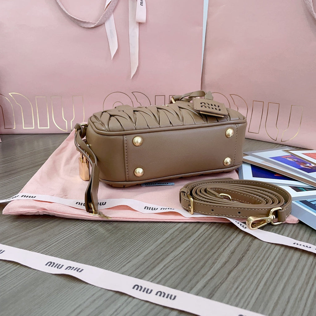 MIU MIU ARCADIE MATELASSÉ NAPPA SMALL BAG 19 IN COFFEE LAMBSKIN GOLD HARDWARE