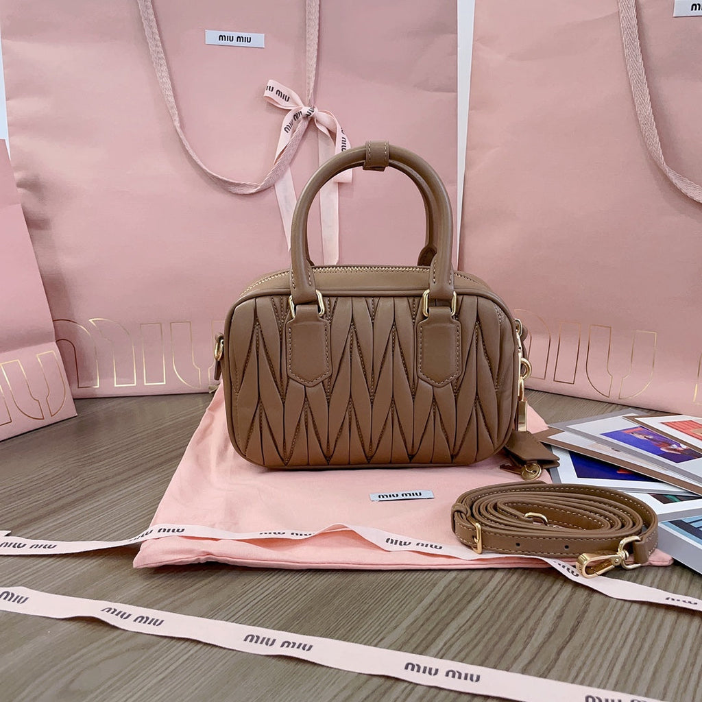 MIU MIU ARCADIE MATELASSÉ NAPPA SMALL BAG 19 IN COFFEE LAMBSKIN GOLD HARDWARE