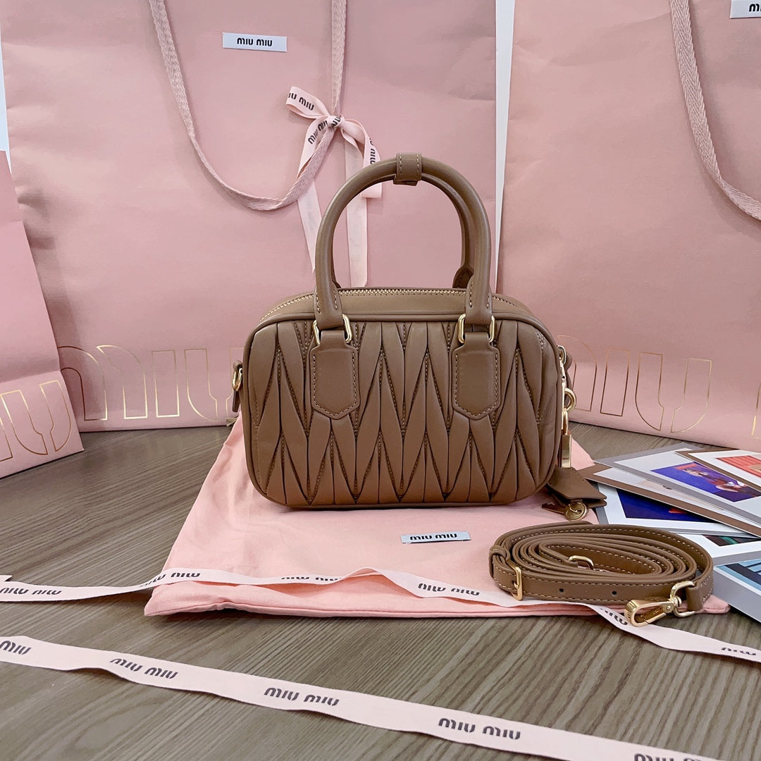 MIU MIU ARCADIE MATELASSÉ NAPPA SMALL BAG 19 IN COFFEE LAMBSKIN GOLD HARDWARE