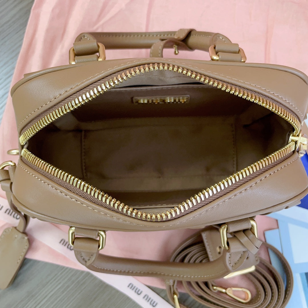 MIU MIU ARCADIE MATELASSÉ NAPPA SMALL BAG 19 IN COFFEE LAMBSKIN GOLD HARDWARE