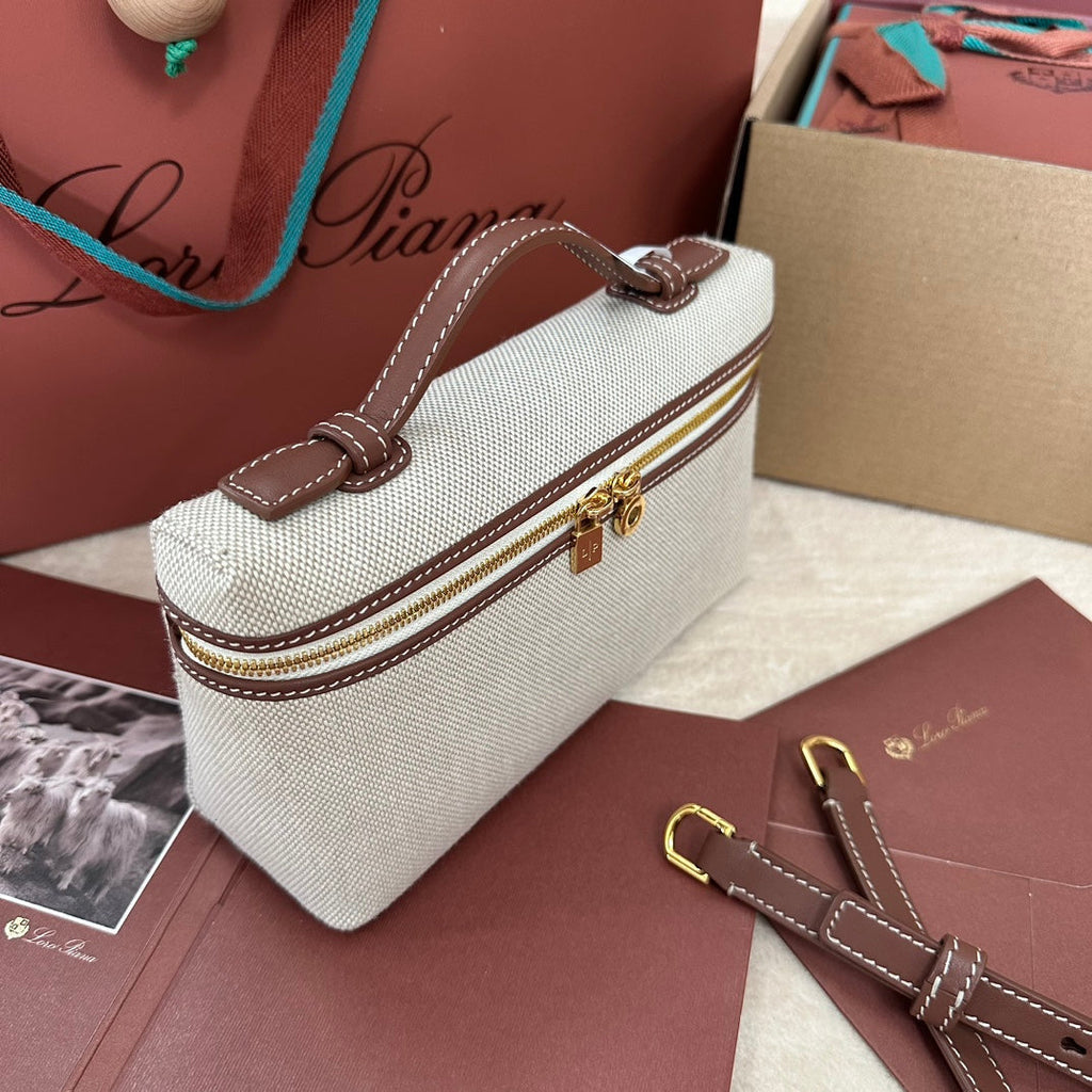 LORO PIANA EXTRA POCKET L19 IN WHITE CANVAS AND CHESTNUT BROWN CALFSKIN WITH GOLD HARDWARE