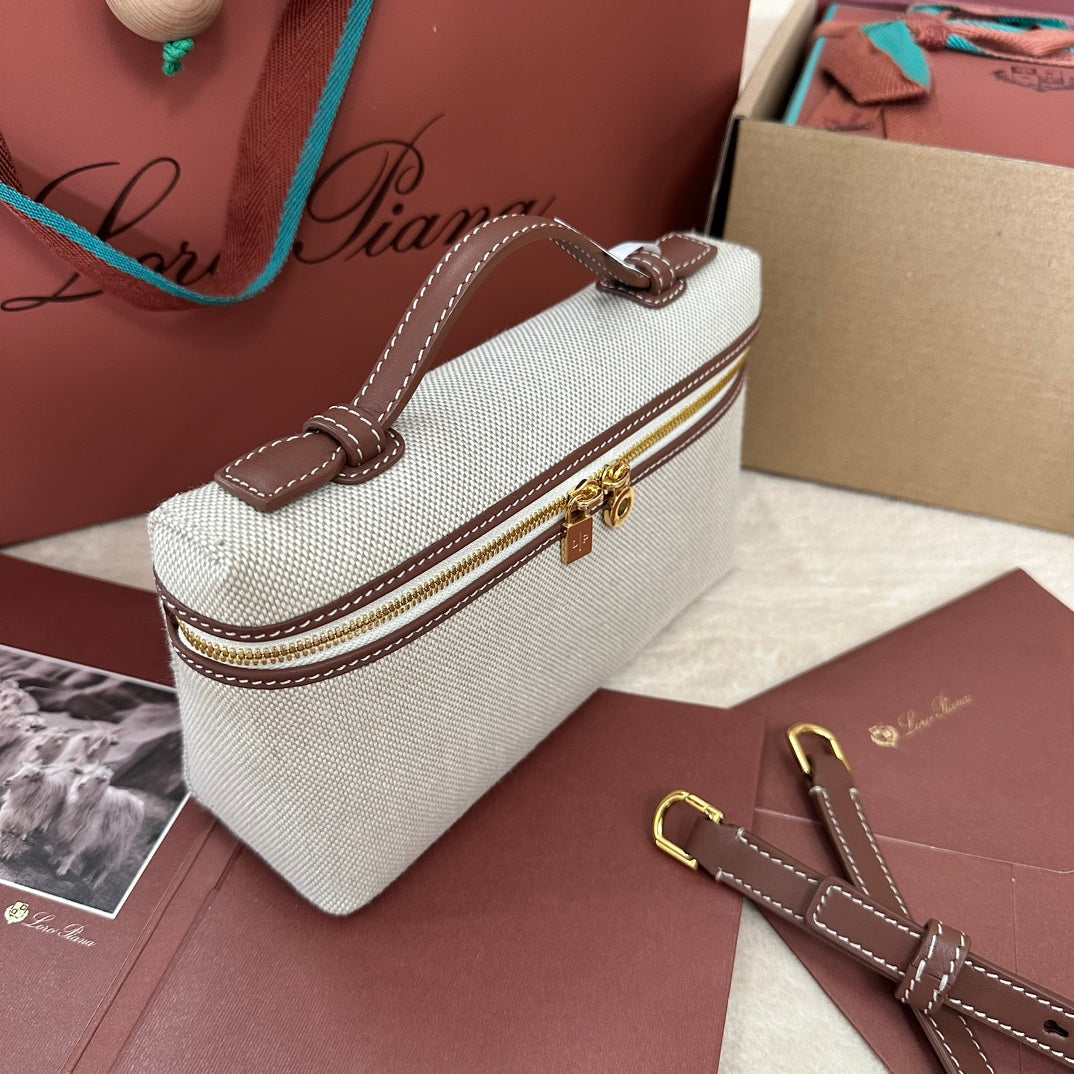 LORO PIANA EXTRA POCKET L19 IN WHITE CANVAS AND CHESTNUT BROWN CALFSKIN WITH GOLD HARDWARE