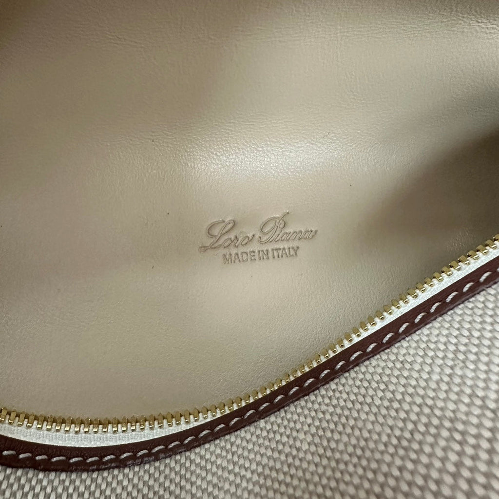 LORO PIANA EXTRA POCKET L19 IN WHITE CANVAS AND CHESTNUT BROWN CALFSKIN WITH GOLD HARDWARE