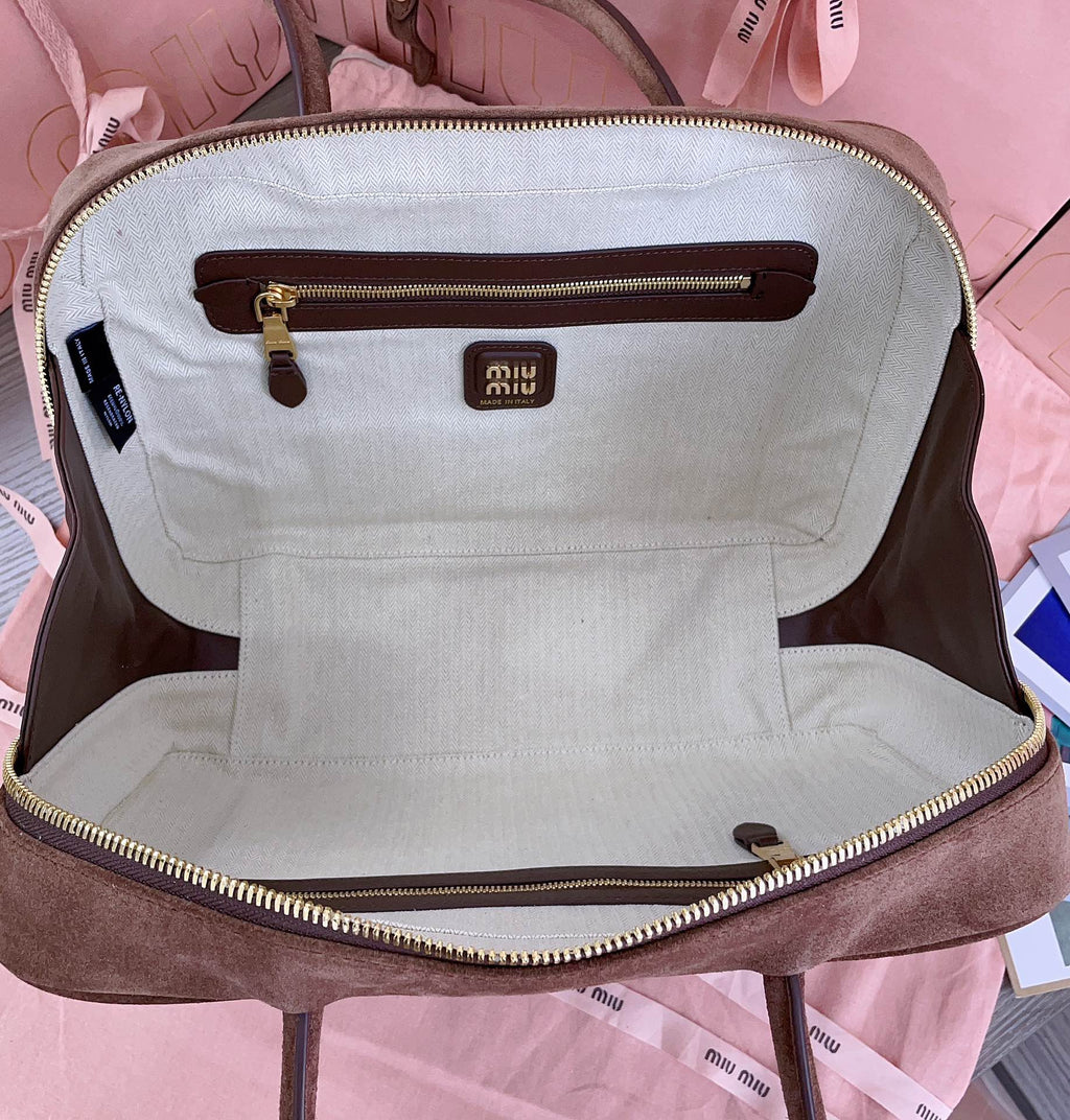 MIU MIU BEAU TOP HANDLE BAG 34 IN BROWN SUEDE