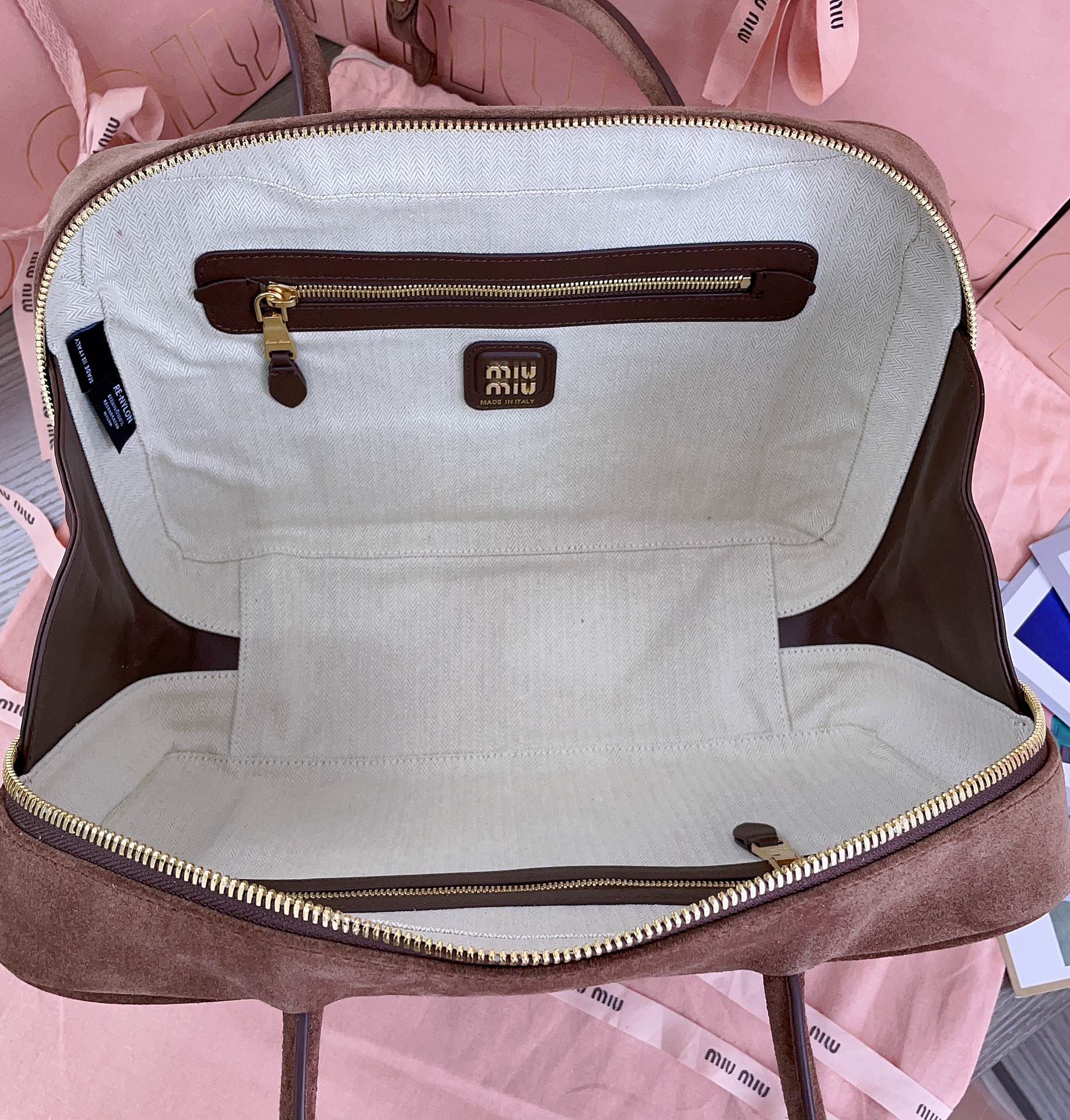 MIU MIU BEAU TOP HANDLE BAG 34 IN BROWN SUEDE